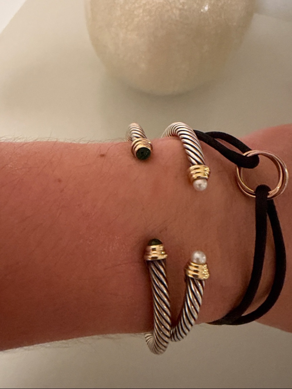 David Yurman Silver Twisted Cable Cuff with Gold Accents and Green & Pearl Tips